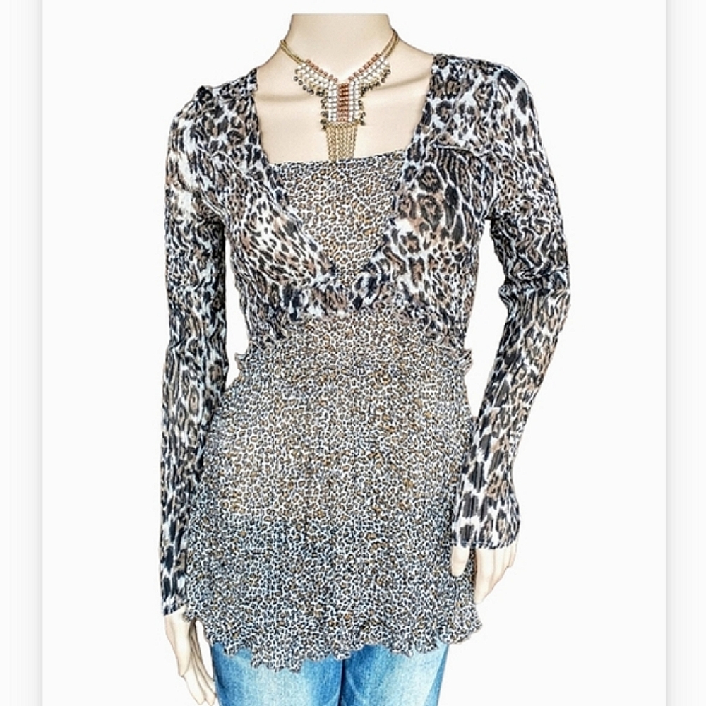 Alberto Makali Leapard Print Sheer Top With Pleates Size S